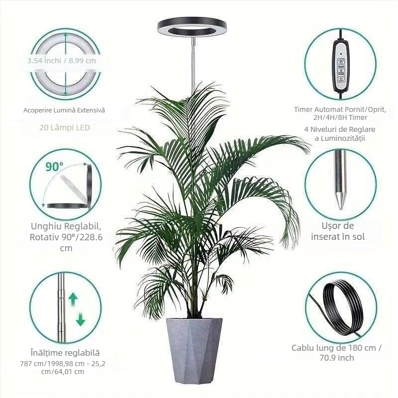 Lampă LED retractabilă pentru creșterea plantelor, spectru complet de lumină 3500K, temporizator, 20 de LED-uri, alimentare 5V, durată de viață 20000 h, model CCB-231204