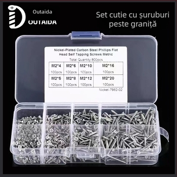 Outaida Set șuruburi autoforante – 800 buc, cap conic, nichelate, oțel carbon Q235, GB846