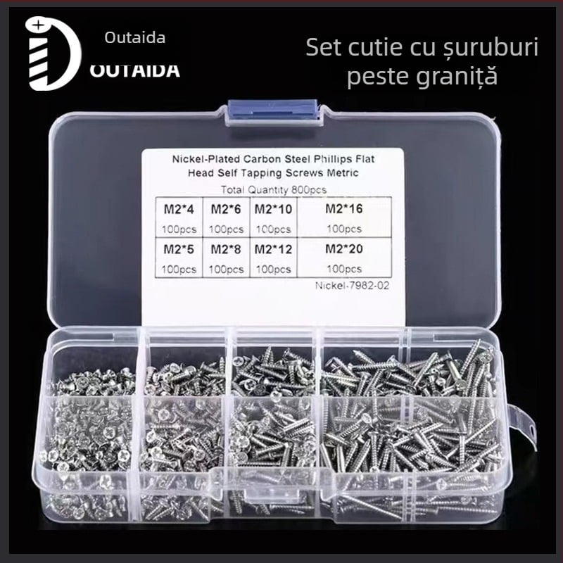 Outaida Set șuruburi autoforante – 800 buc, cap conic, nichelate, oțel carbon Q235, GB846