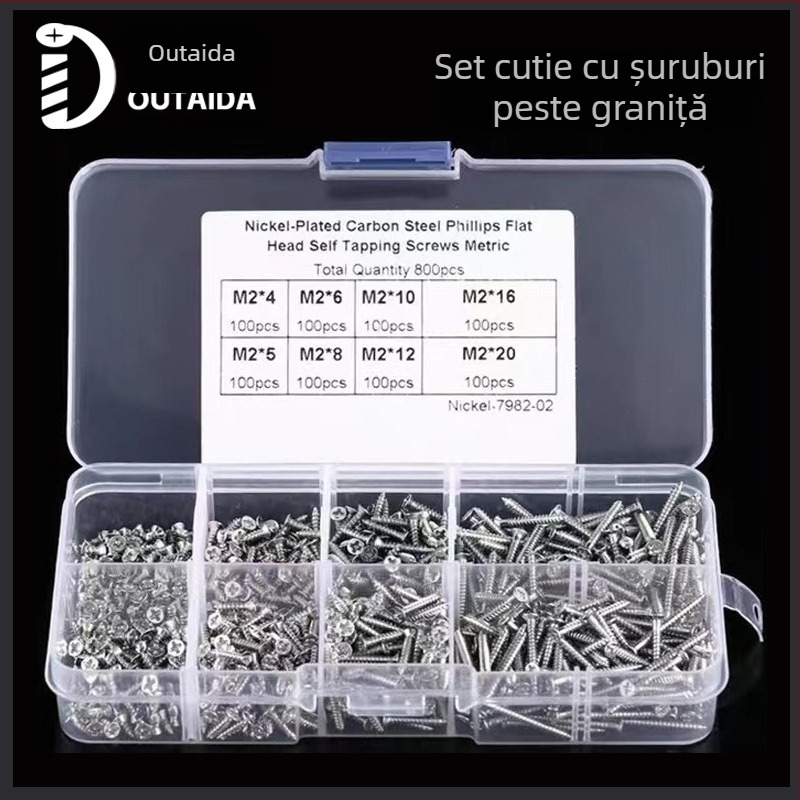 Outaida Set șuruburi autoforante – 800 buc, cap conic, nichelate, oțel carbon Q235, GB846