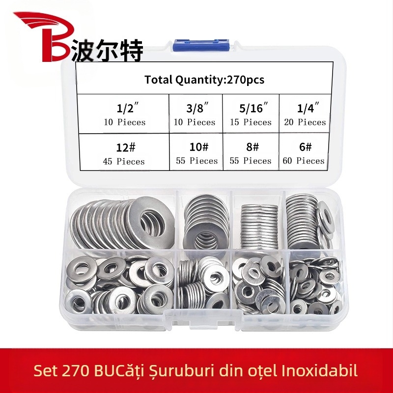304 oțel inoxidabil, garnituri plate metalice, set ambalat în cutie, 270 buc./190 buc., standard GB97, Gradul A