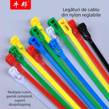 Legătură din nylon pentru cabluri cu cuplă detașabilă — de calitate industrială, reutilizabilă; material: nylon; grosime 0.45 mm; lățime 3.6–4.8 mm; procesare personalizată; etichetă privată licențiată