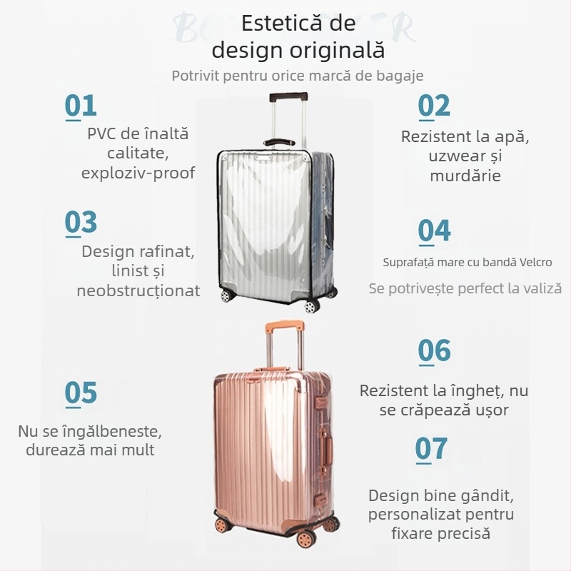 Acoperire PVC pentru bagaje – transparentă, impermeabilă, rezistentă la uzură; capacitate 36–55 L; antibacterian, antifurt; pentru călătorii unisex