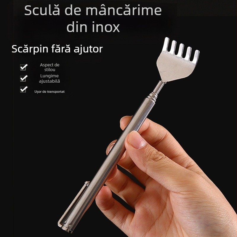 Back scratcher telescopic din oțel inoxidabil — lungime reglabilă, construcție metalică, funcție de scărpinat