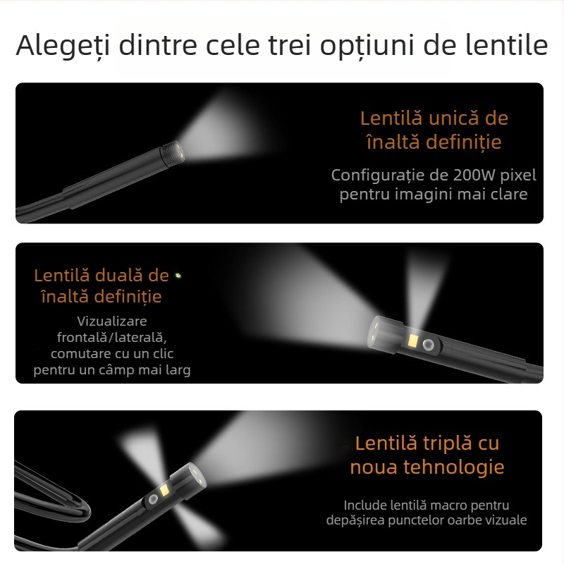 VISHRT T23 Endoscop industrial cu dublu obiectiv pentru inspectia conductelor, IP67 rezistent la apă, sondă de 7.9 mm, lungime de lucru 50, portabil, personalizabil