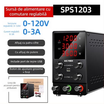 SPS1203 Sursă de alimentare DC reglabilă, putere mare, 120 V, 3 A, 360 W, pentru electroplacare și electroliză, tensiune reglabilă