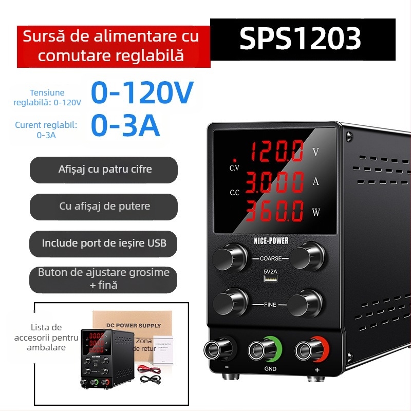 SPS1203 Sursă de alimentare DC reglabilă, putere mare, 120 V, 3 A, 360 W, pentru electroplacare și electroliză, tensiune reglabilă