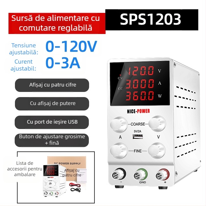 SPS1203 Sursă de alimentare DC reglabilă, putere mare, 120 V, 3 A, 360 W, pentru electroplacare și electroliză, tensiune reglabilă