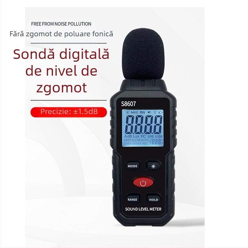 S8607 sonometru digital – intervalul 30–130 dB, precizie ±1,5%, rezoluție 0,1, temperatură de funcționare 0–40°C