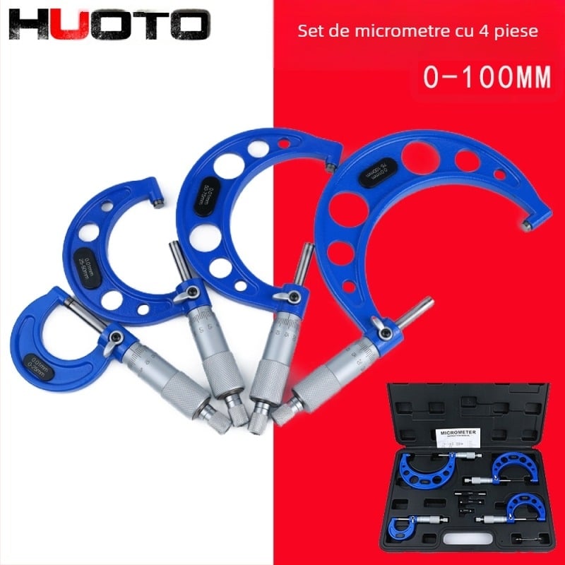 HUOTO Set micrometru exterior, 4 piese, micrometru mecanic pentru măsurarea diametrului exterior