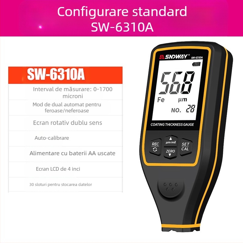 Shendawei SW6310A/SW6310B Aparat de măsurare a grosimii stratului de vopsea pentru automobile, cu afișaj LCD, alimentare 1,5V