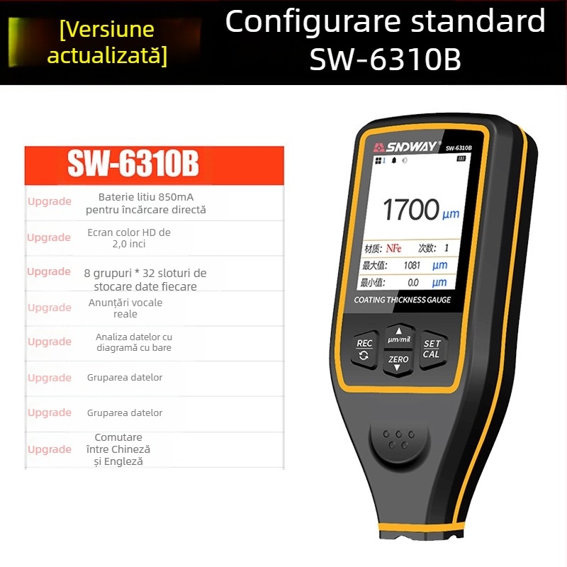 Shendawei SW6310A/SW6310B Aparat de măsurare a grosimii stratului de vopsea pentru automobile, cu afișaj LCD, alimentare 1,5V