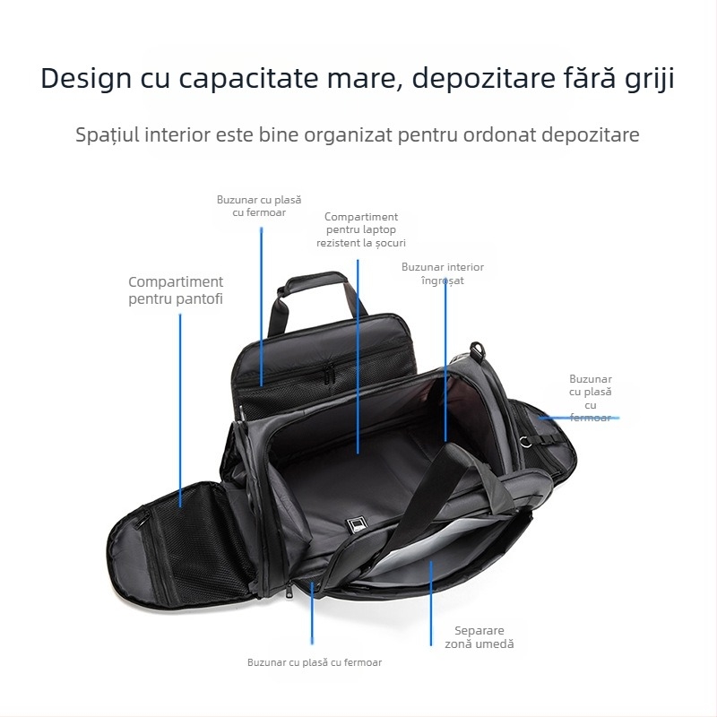 Geantă de sport multifuncțională cu compartiment separat pentru pantofi, impermeabilă cu separare uscat-umed, capacitate 36–55 L, din țesătură Oxford