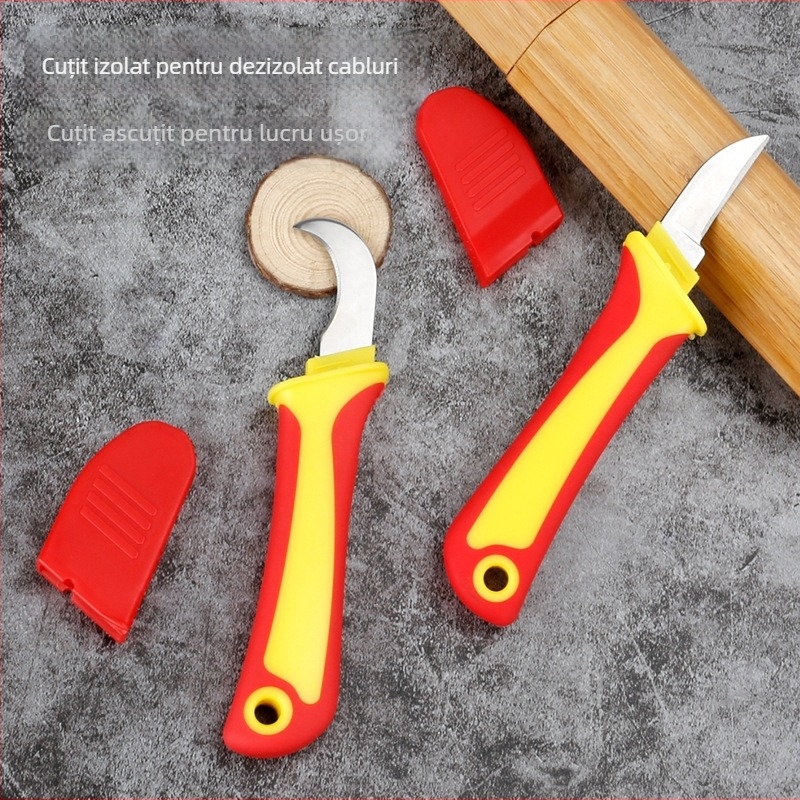 Cuțit multifuncțional izolat pentru electricieni cu lamă curbată și lamă dreaptă, mâner din plastic, dezizolarea cablurilor