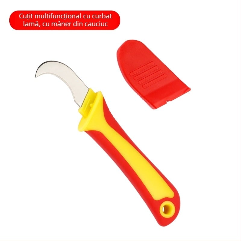 Cuțit multifuncțional izolat pentru electricieni cu lamă curbată și lamă dreaptă, mâner din plastic, dezizolarea cablurilor