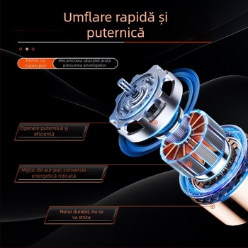 Pompa de aer portabilă, manuală, din metal, cu afișaj digital și manometru pentru presiunea anvelopelor, debit 70 L/min, putere până la 80 W