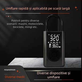 Pompa de aer portabilă, manuală, din metal, cu afișaj digital și manometru pentru presiunea anvelopelor, debit 70 L/min, putere până la 80 W