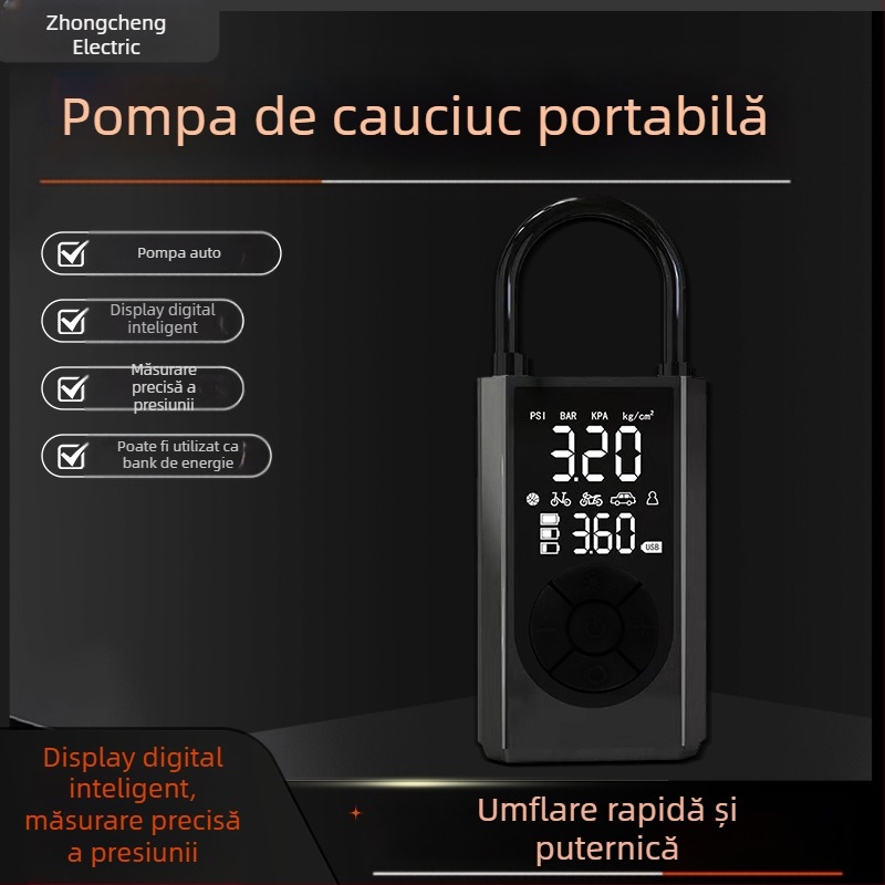 Pompa de aer portabilă, manuală, din metal, cu afișaj digital și manometru pentru presiunea anvelopelor, debit 70 L/min, putere până la 80 W