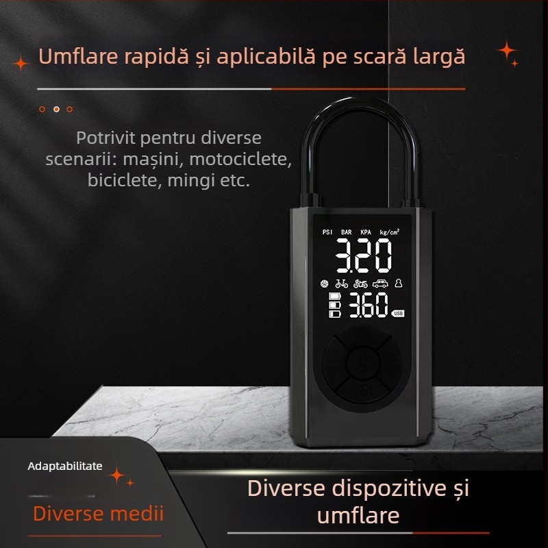Pompa de aer portabilă, manuală, din metal, cu afișaj digital și manometru pentru presiunea anvelopelor, debit 70 L/min, putere până la 80 W