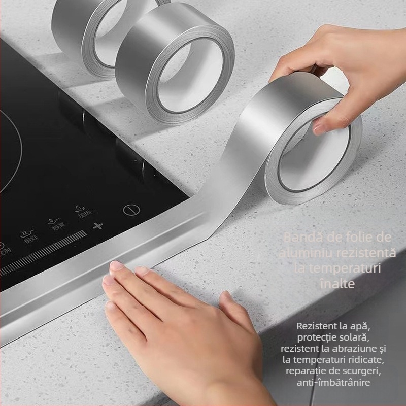 Bandă din folie de aluminiu rezistentă la căldură pentru bucătărie și baie – impermeabilă și rezistentă la mucegai, pentru etanșarea conductelor și a acoperișurilor; -20°C până la 120°C pe termen lung, până la 300°C pe termen scurt.