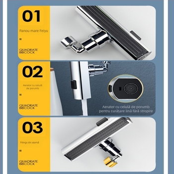 Robinet bucătărie cu protecție împotriva stropilor, duză rotativă universală, trei moduri de flux, cap extensibil, corp din cupru/plastic, finisaj electroplatat