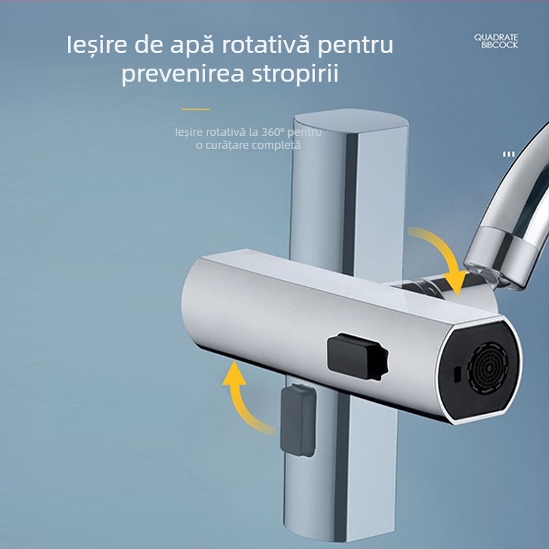 Robinet bucătărie cu protecție împotriva stropilor, duză rotativă universală, trei moduri de flux, cap extensibil, corp din cupru/plastic, finisaj electroplatat