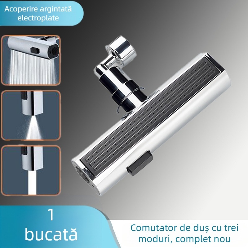 Robinet bucătărie cu protecție împotriva stropilor, duză rotativă universală, trei moduri de flux, cap extensibil, corp din cupru/plastic, finisaj electroplatat