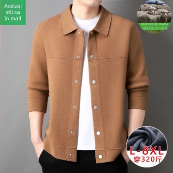 Cardigan bărbătesc din lână – lână fină 30–35%, tricot gros, guler rever, mâneci lungi, tiv canelat