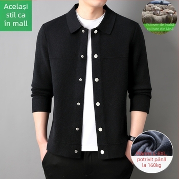 Cardigan bărbătesc din lână – lână fină 30–35%, tricot gros, guler rever, mâneci lungi, tiv canelat