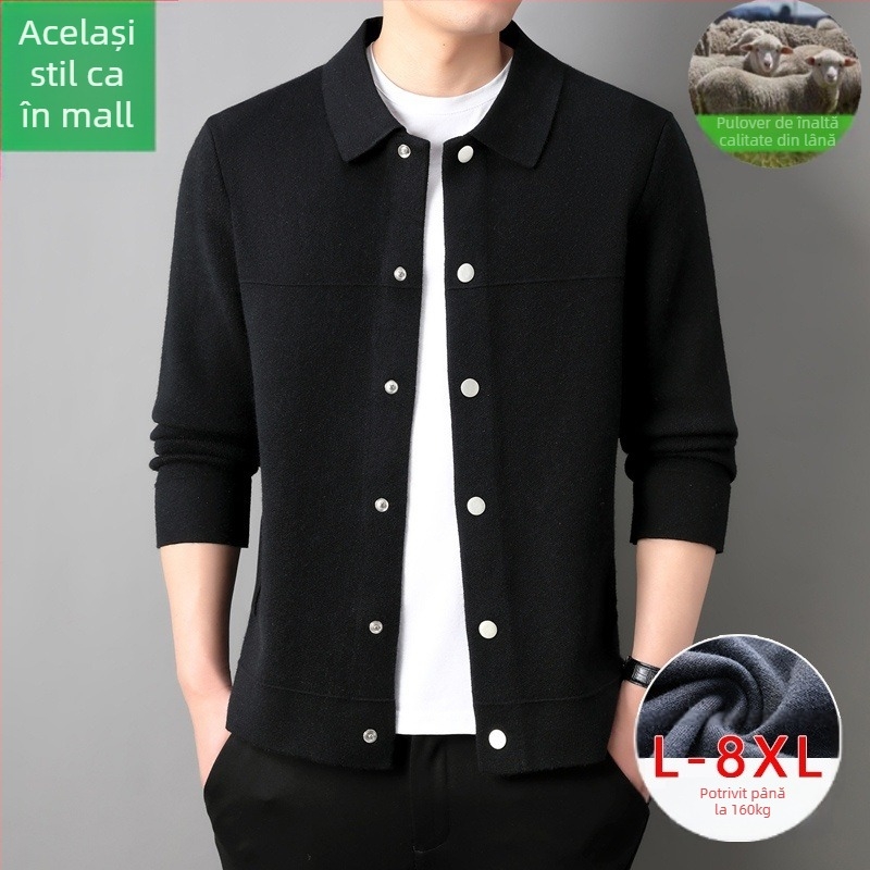 Cardigan bărbătesc din lână – lână fină 30–35%, tricot gros, guler rever, mâneci lungi, tiv canelat