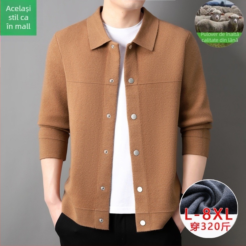 Cardigan bărbătesc din lână – lână fină 30–35%, tricot gros, guler rever, mâneci lungi, tiv canelat
