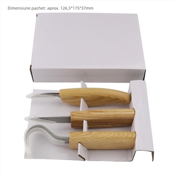 Set de 3 unelte pentru sculptură în lemn: cuțit de sculptură, cuțit pentru lingură și raclă pentru lemn – modele realizate manual