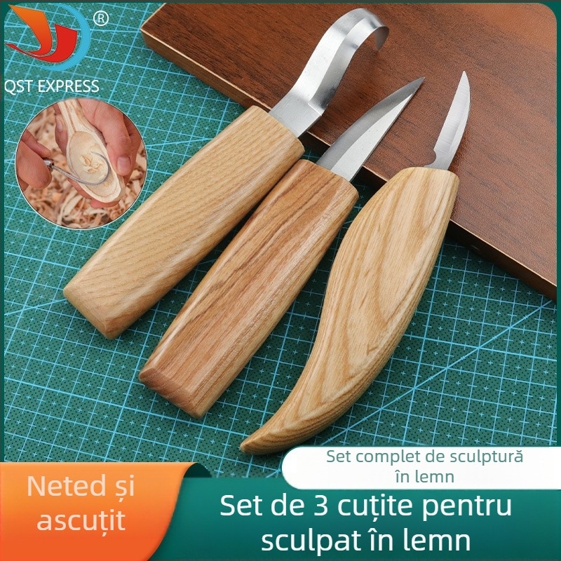 Set de 3 unelte pentru sculptură în lemn: cuțit de sculptură, cuțit pentru lingură și raclă pentru lemn – modele realizate manual