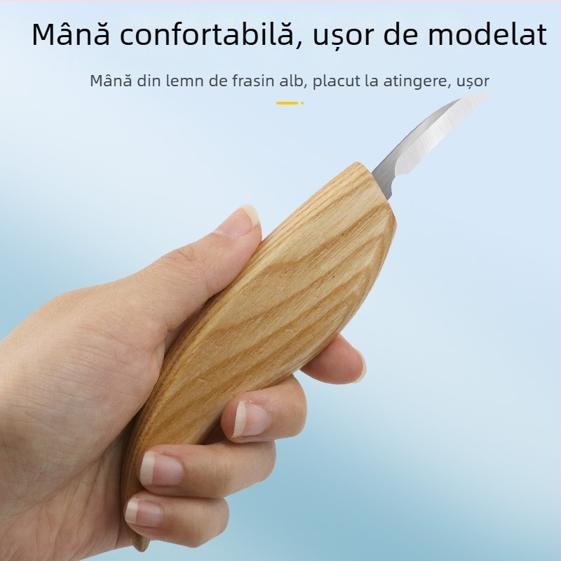 Set de 3 unelte pentru sculptură în lemn: cuțit de sculptură, cuțit pentru lingură și raclă pentru lemn – modele realizate manual