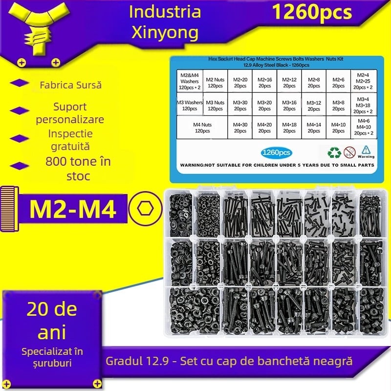 1260 bucăți șuruburi din oțel carbon cu finisaj negru DIN 912 Cup Head Hex Socket Head Cap Screws, clasa 12.9, set cu piulițe și șaibe plate