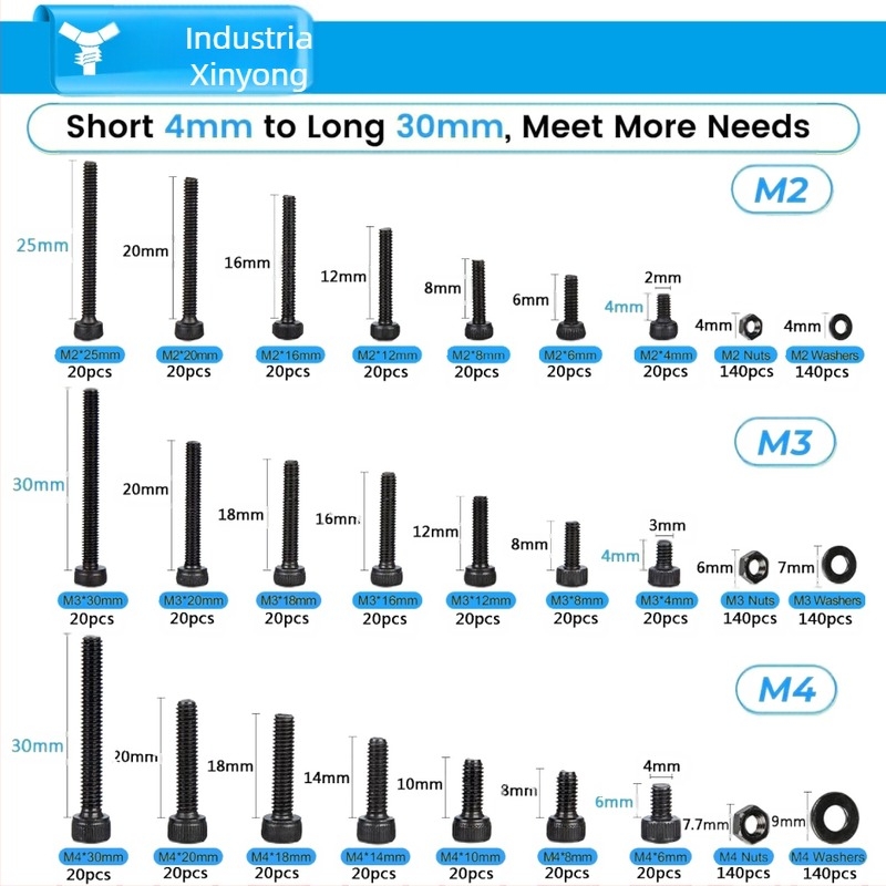 1260 bucăți șuruburi din oțel carbon cu finisaj negru DIN 912 Cup Head Hex Socket Head Cap Screws, clasa 12.9, set cu piulițe și șaibe plate
