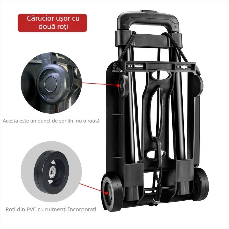 Cărucior pliabil cu două roți (mâner de tragere, portabil, capacitate 35 kg, construcție din plastic)