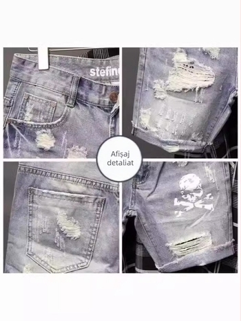 Șorturi denim pentru bărbați, imprimeu stele, vară ușoară din bumbac-denim, stil coreean, croială dreaptă, pentru înalți