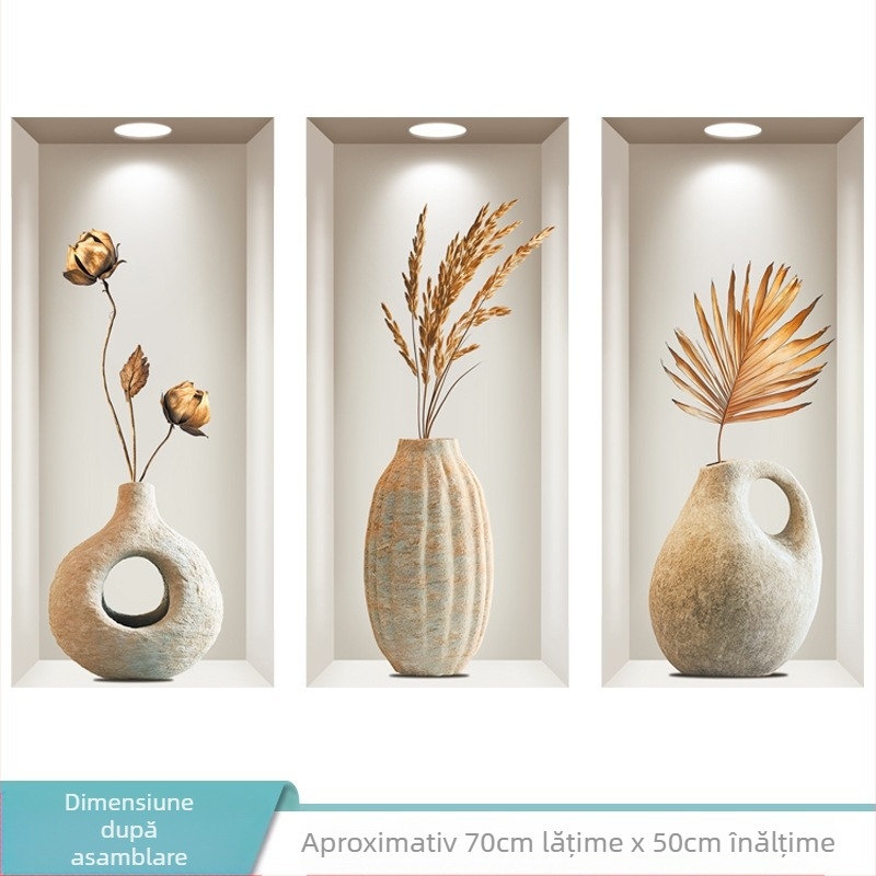 Autocolant decorativ pentru perete cu ramă de vază din piatră, detașabil, PVC impermeabil, cu plante și flori, 1 bucată, potrivit pentru living, dormitor, baie