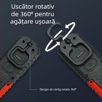 Lumină de lucru COB reîncărcabilă cu baza magnetică 360° și cârlig de agățare pentru întreținerea vehiculelor — 10W, 3.7V, 400 lm, 6500K, model S680-Z-R