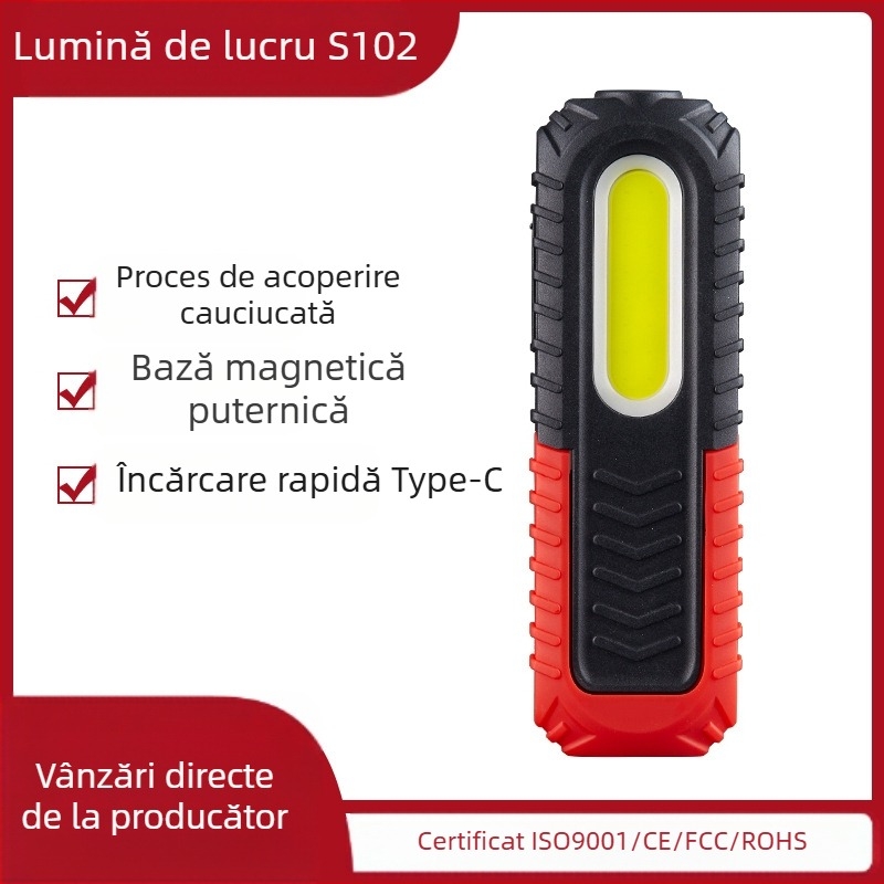 Lumină de lucru COB reîncărcabilă cu baza magnetică 360° și cârlig de agățare pentru întreținerea vehiculelor — 10W, 3.7V, 400 lm, 6500K, model S680-Z-R