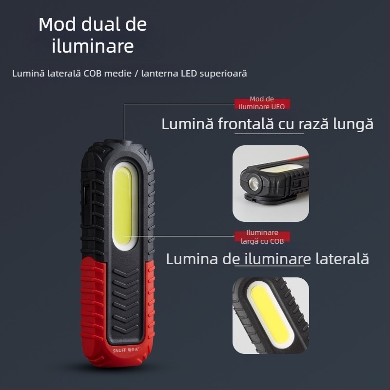 Lumină de lucru COB reîncărcabilă cu baza magnetică 360° și cârlig de agățare pentru întreținerea vehiculelor — 10W, 3.7V, 400 lm, 6500K, model S680-Z-R