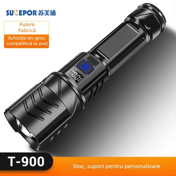 Focar LED de mână Sumeipu P900 cu zoom pentru rază lungă, baterie 18650 reîncărcabilă, IPX4