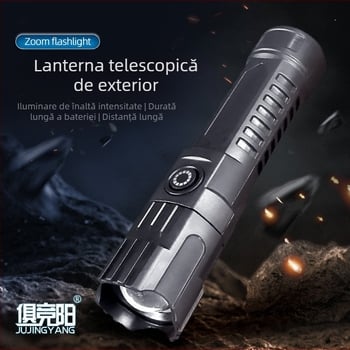 Lanternă de mână cu zoom telescopic, 100 lm, rază până la 100 m, reîncărcabilă, baterie 18650, model JY-81020, pentru camping și drumeții