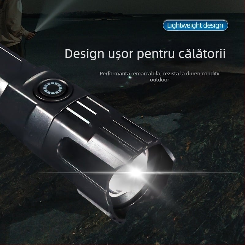 Lanternă de mână cu zoom telescopic, 100 lm, rază până la 100 m, reîncărcabilă, baterie 18650, model JY-81020, pentru camping și drumeții