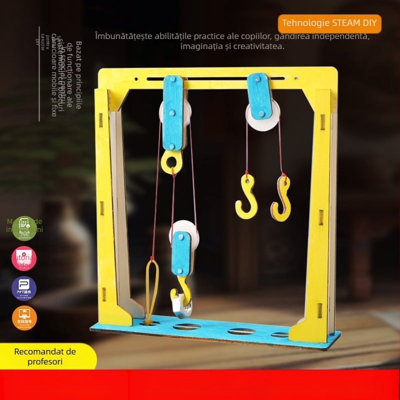DIY Set cu Roți din Lemn pentru Fizică – Jucărie educațională STEM pentru 7–14 ani, Manual, Fără electricitate