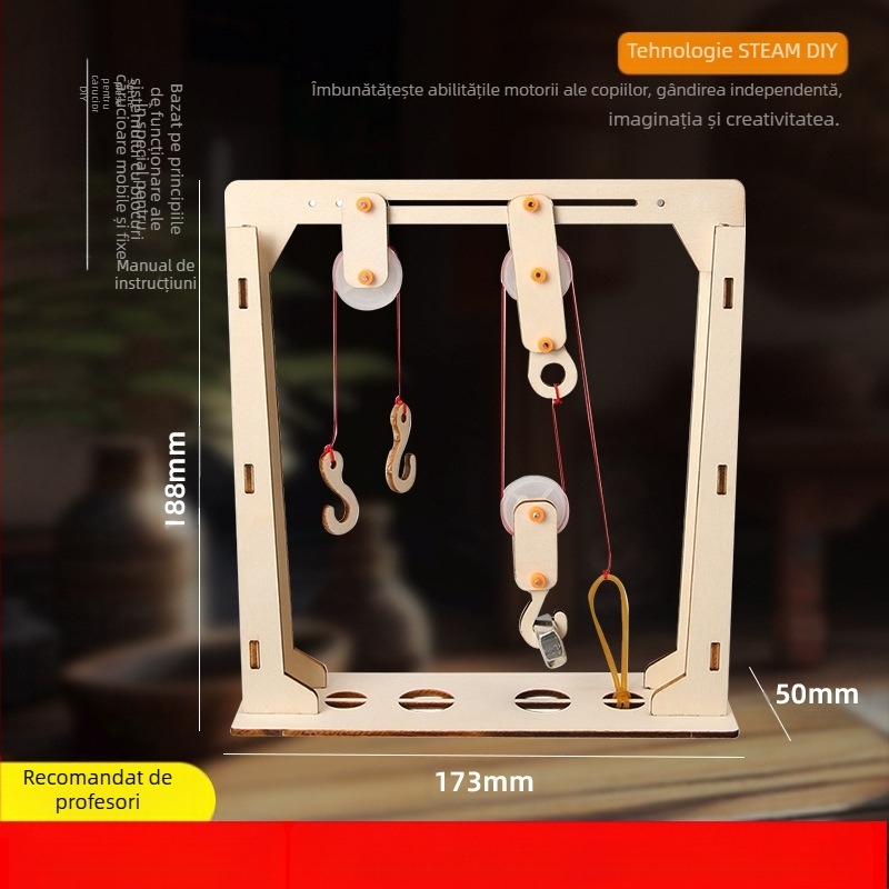 DIY Set cu Roți din Lemn pentru Fizică – Jucărie educațională STEM pentru 7–14 ani, Manual, Fără electricitate