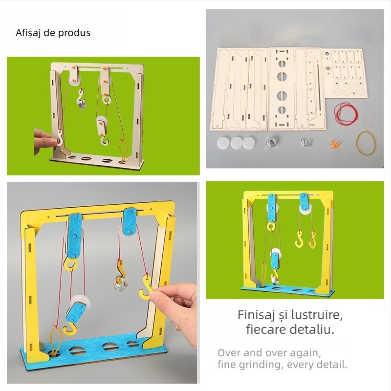 DIY Set cu Roți din Lemn pentru Fizică – Jucărie educațională STEM pentru 7–14 ani, Manual, Fără electricitate