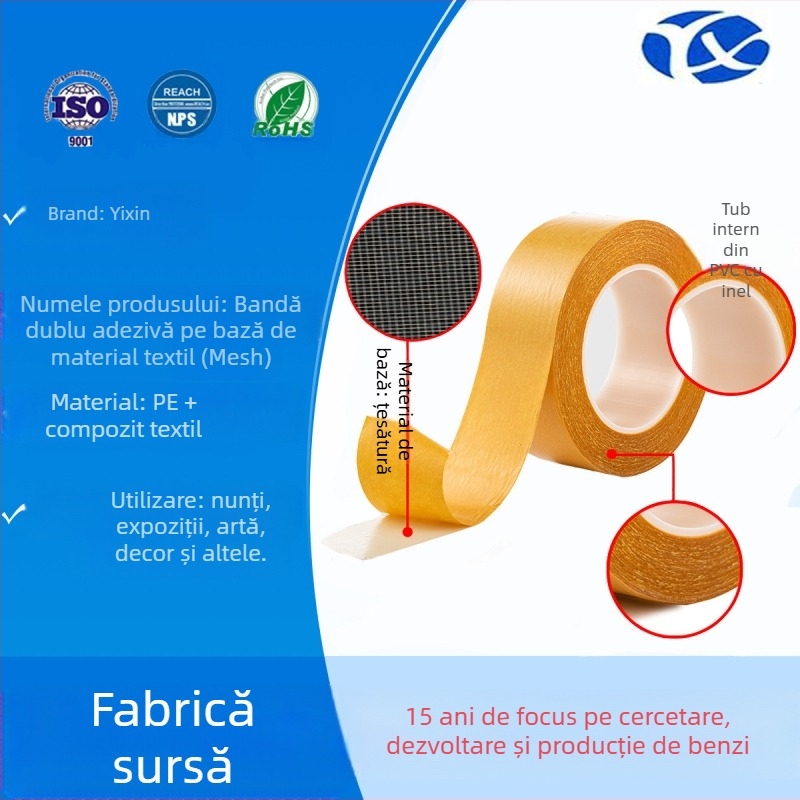 Bandă dublu adezivă pentru covoare, pentru expoziții, substrat PE, grosime 280 μm, vâscozitate 80 N/m, ușor de aplicat și de îndepărtat, cu hârtie de eliberare