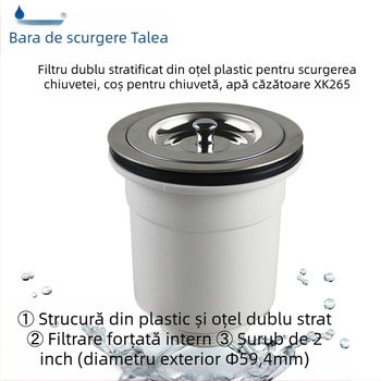 XK265 Drenaj bucătărie – Tip coș; Materiale: PP și SUS304; Construcție dublă din plastic și oțel; Diametru Ø110–114 mm